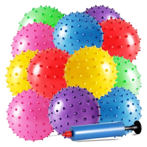 LOVEINUSA 12 Pack Bouncy Ball Knobby Massage Ball, 5" Spiky Sensory Toy for Kids & Adults, Stress Relief Office Desk Fidget Toy, School Prize & Party Favors with Pump