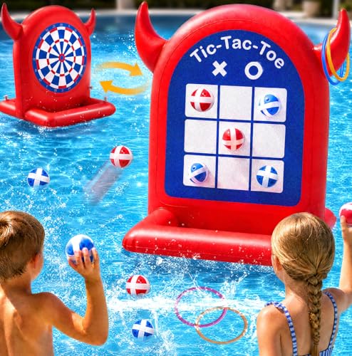 Pool Games Toys Set 3-in-1 Outdoor Water Toys with Throwing Balls & Ring Toss Inflatable Pool Toys for Kids Ages 4-8 Teens Adults Swimming Pool for Yard Beach Party Outdoor Games (Red) - color: Red