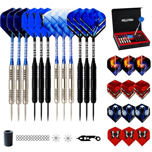 Darts Metal Tip Set,12 Pack 26 Grams Steel Tip Darts Set-Professional Metal Darts for Dartboard, with Non-Slip Iron Barrel, Aluminum Shafts, Extra Flights, Dart Sharpener & Wrench, Gift Box