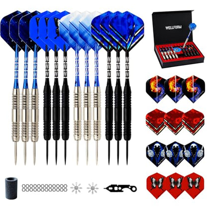 Darts Metal Tip Set,12 Pack 26 Grams Steel Tip Darts Set-Professional Metal Darts for Dartboard, with Non-Slip Iron Barrel, Aluminum Shafts, Extra Flights, Dart Sharpener & Wrench, Gift Box