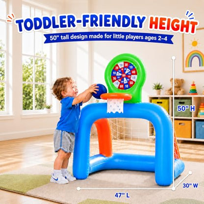Toddler Soccer Goal & Basketball Hoop Set for Ages 2-4, 3-in-1 Inflatable Kids Sports Center with Sticky Ball Target, Indoor Outdoor Soccer Net Birthday Gift for Boys Girls