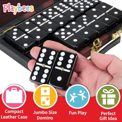 Playbees Jumbo Double Six Dominoes Set - 28 Black Classic Tiles in Faux Leather Case - Fun Educational Toy for Kids, Boys, Girls, Classroom Kit, Classic Game Night Party Favors Set, Travel-Friendly - size: Black, style: Classic
