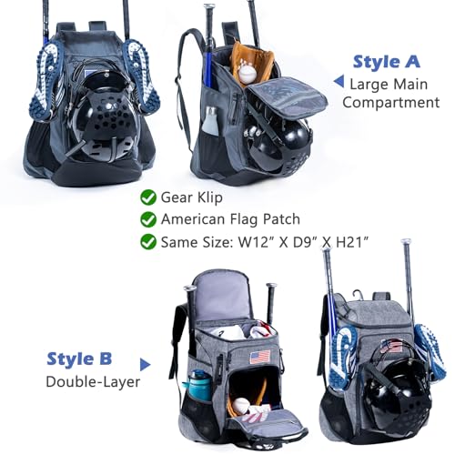 | Baseball Bag Softball Bat Bag, Double-layer Baseball Backpack Adult with Gear Klip To Hold Baseball Glove, Baseball Essential Gear, Youth Baseball Bag for Boys, Girls, Baseball Accessories - color: Grey