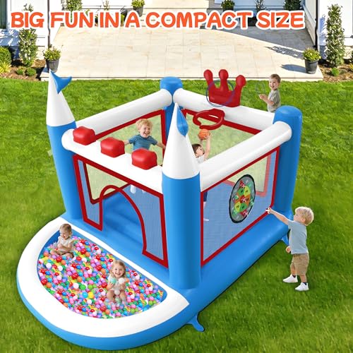 Kids Bounce House with Ball Pit, Basketball Hoop, Target Game and Ring Toss Game PVC Jumping Castle with Electric Air Pump 98”x 70”x 65” Trampoline for Ages 3-8 Indoor or Outdoor Play