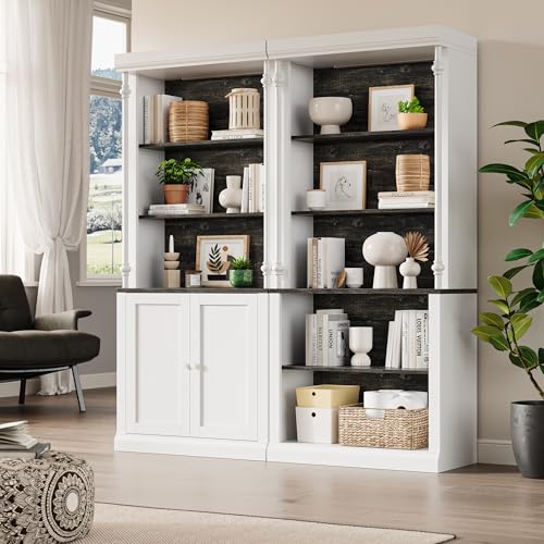 GarveeHome Tall Storage Bookcase with 3-Tier Open Shelves and Double Door, Roman Column Design and 4 Adjustable Lights, White & Black Wood Grain Display Storage Cabinet for Home Office, Living Room