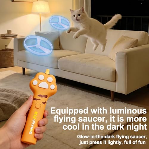Interactive Cat Toys for Indoor Cats, Rechargeable Flying Disc Launcher with Adjustable Launch Distance & LED Lights, 4 Cat Spring Toys for Bored Adult Kittens, Automatic Cat Toy for Small Dog Fetch
