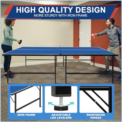 Portable Ping Pong Table, Foldable Indoor Table Tennis Game with 2 Paddles 2 Balls and Net, Quick Assembly Folding Table for Adults and Teens Home Game Room - color: 9ft-blue