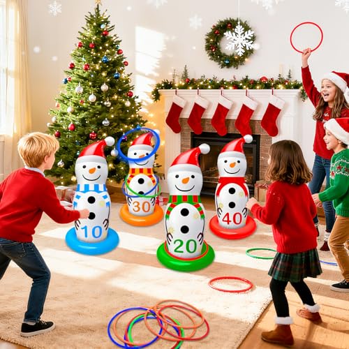 Christmas Ring Toss Game Inflatable Snowman Christmas Party Games for Kids Family Adults Xmas Activities Supplies Decoration Indoor Outdoor Garden Toys 4 Scoreboard Snowman,12 Plastic Rings Gifts
