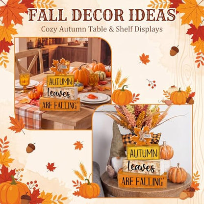 Lineshading 4 Pcs Fall Decoration for Home Wooden Maple Leaf Thanksgiving Table Centerpiece Rustic Thanksgiving Tiered Tray Decor Decorative Autumn Leaves Block Sign Farmhouse Autumn Decor for Kitchen - style: Autumn Leaves