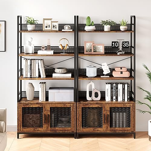 GarveeHome Bookshelf with Doors Industrial Bookcase with 4 Tiers Open Storage Shelf 70.87 in Tall Bookshelves Rustic Display Rack Cabinet for Bedroom, Living Room, Home Office, Brown