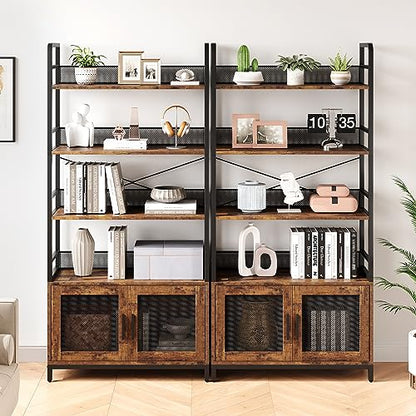 GarveeHome Bookshelf with Doors Industrial Bookcase with 4 Tiers Open Storage Shelf 70.87 in Tall Bookshelves Rustic Display Rack Cabinet for Bedroom, Living Room, Home Office, Brown