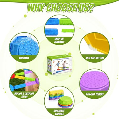 HYES Balance Beams Stepping Stones for Kids, Obstacle Courses Sensory Toys for Toddlers, Non-slip Jumping Step Stones Balance Beam Indoor & Outdoor Play Games Birthday Gifts for Boys Girls 3-5 - style: 5 Pads & 8 Beams