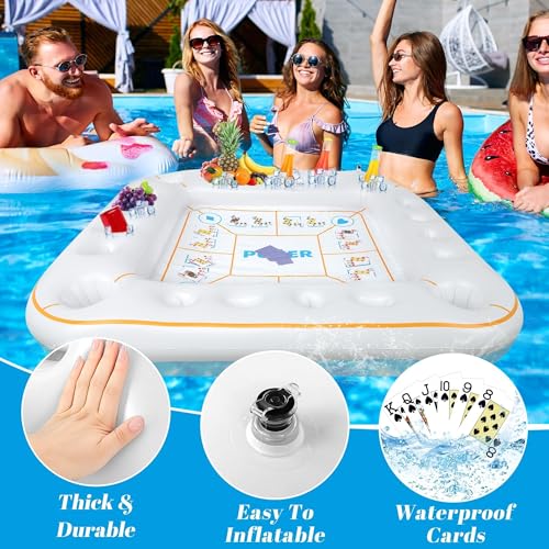 Elcoho 55 x 55 Inch Extra Large Inflatable Game Table with Waterproof Playing Cards Floating Pool Table Drink Holder Inflatable Ice Serving Tray Buffet Bar for Pool Summer Party, White - color: White