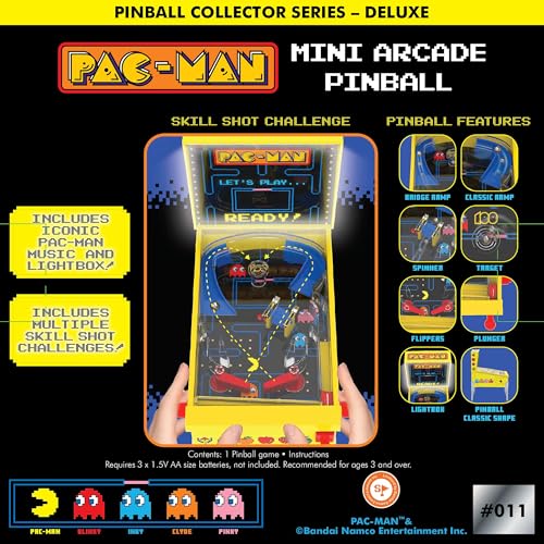 Pac-Man: Mini Arcade Pinball - Deluxe Collector Series, Lights & Sounds, Classic Tabletop Game, Skill Shot Challenges, Licensed Toy, Adults & Kids 3+
