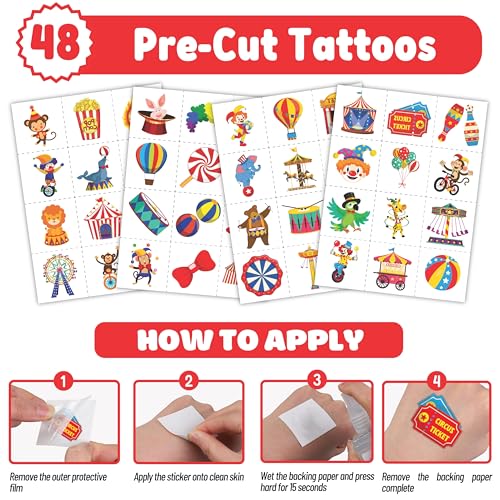 Cherisnowy 72PCS Carnival Party Set 48PCS Temporary Tattoos & 24PCS Slap Bracelets Fun Circus Themed Birthday Supplies, Baby Shower Gifts, Classroom Rewards & Party Decor for Kids Boys & Girls