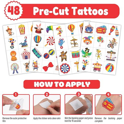 Cherisnowy 72PCS Carnival Party Set 48PCS Temporary Tattoos & 24PCS Slap Bracelets Fun Circus Themed Birthday Supplies, Baby Shower Gifts, Classroom Rewards & Party Decor for Kids Boys & Girls