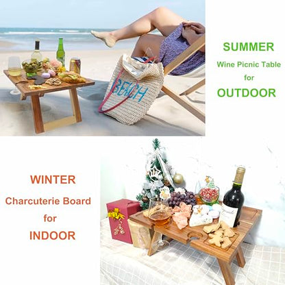 SASIDO Portable Wine Picnic Table, Acacia Wood, Larger Tray Foldable, Charcuterie Board, Wine Gift, Decor for Romantic Camping, Engagement Party, Concerts, Glamping, Winter Adventure