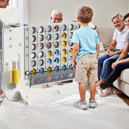 4-to-Score Giant Game Set, 4-in-1 Indoor Outdoor Yard Family Connect Game (4-in-a-Row + Basketball + Ring Toss + Mini Golf), Height Adjustable 2.5–3.3FT, Includes Carry Bag - size: 56"x19"x49"-White&Gray