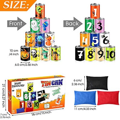 BBTO 14 Pcs Halloween Party Games for Kids Adults Halloween Carnival Bean Bag Toss Games Metal Cans with 3 Bean Bags in Gift Box Boo Basket Stuffers Gifts for Holiday Trick or Treat Party Supplies