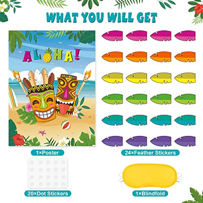 WERNNSAI Hawaiian Party Game - Pin The Feather on The Tiki Hawaiian Party Decorations Luau Pin Games 21’’ x 28’’ Aloha Poster with 24 Pcs Stickers for Summer Tropical Beach Pool Activities - style: Hawaiian