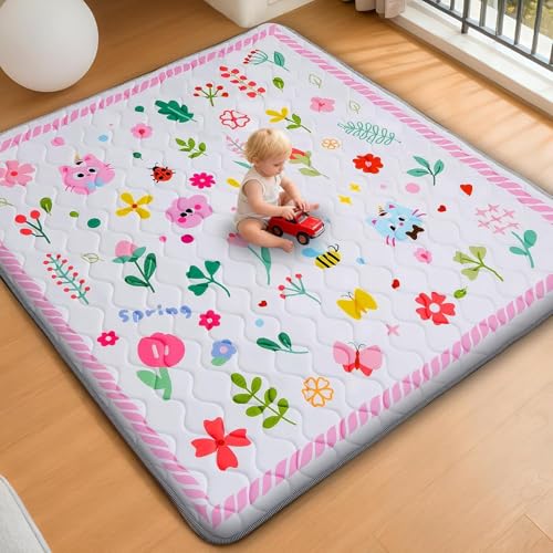 RONGFA Baby Play Mat for Floor, 71'' x 59'' Thicken Foam Soft Padded Mat for Baby, Playpen Mat for Toddlers Infant Kids, Machine Washable, Non-Slip Bottom Safe for Crawling (Flower) - color: Flower, size: 71"×59"