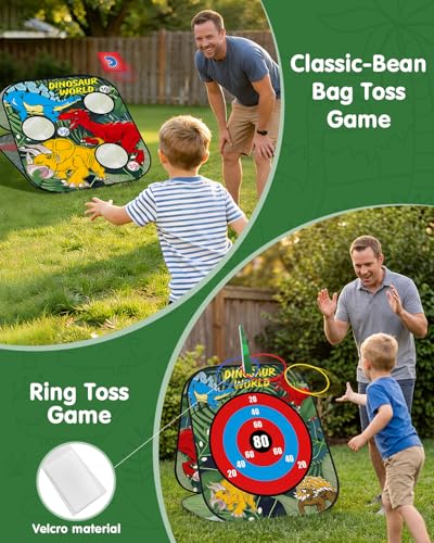 5-in-1 Bean Bag Toss Game for Kids Ages 3-8, Outdoor Cornhole Set with 3 Interchangeable Boards (Toss/Dart/Tic-Tac-Toe), Includes 8 Beanbags 6 Balls/Darts/Rings, Backyard Toys for Boys - style: Dinosaur