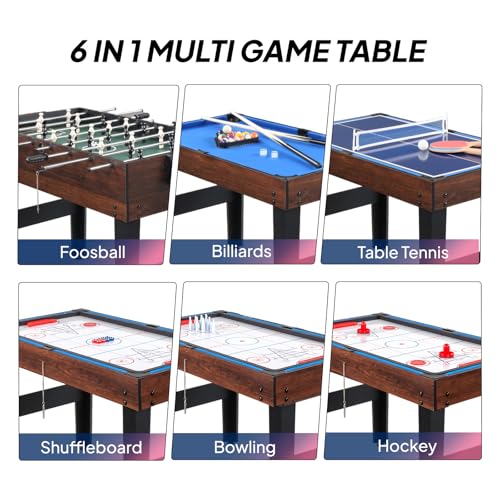 PEXMOR 6-in-1 Multi Game Table for Adults, Combo Table for Game Room, 48" Game Table Set for Family w/Hockey, Foosball, Pool, Table Tennis, Shuffleboard, Bowling
