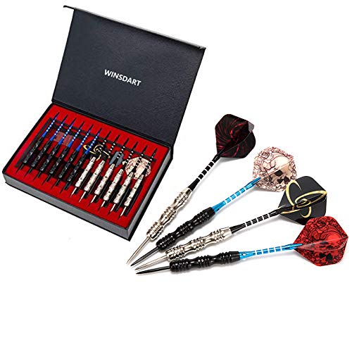 WINSDART Darts Metal Tip Set Professional Metal Darts for Dartboard Steel Tip Darts with Nonslip Iron Barrel Aluminum Dart Shafts,Extra Flights,Dart Sharpener,Gift Box - style: Skull Laser Darts Set