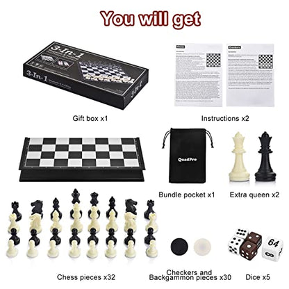 3 in 1 Magnetic Chess Checkers Backgammon Board Game Set with 12.5 Inch Folding Board Travel Games for Kids and Adults (Chess: Black & White) - color: Chess: Black & White