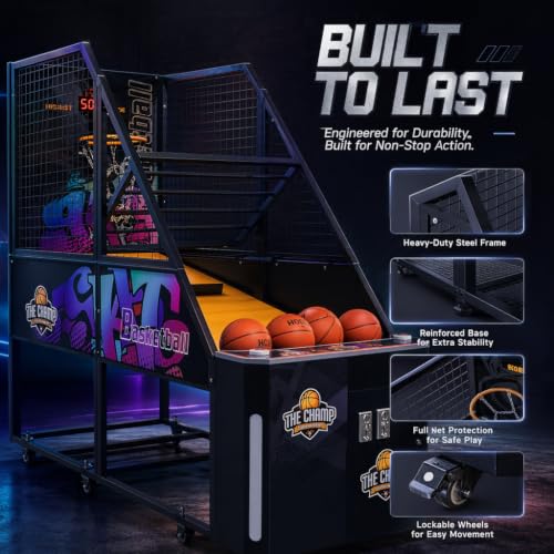 Foldable Coin Operated Basketball Arcade Game Machine 2 Player | LED Scoreboard, Sound Effects, Commercial Grade, Home & Bar Use, Indoor Use