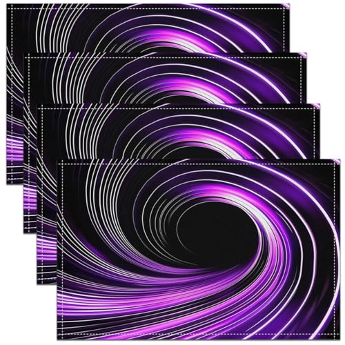 Erosebridal Purple Black Abstract Placemats - 3D Swirl Print Geometric Art Place Mat Set of 4, Stripes Circle Table Mats 12x18 Inch for Kids Boys Girls, Video Game Table Decor for Party Kitchen - color: Purple White Black