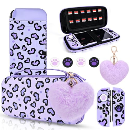 DLseego Love Leopard Carrying Case for Switch OLED 2021 Accessories Set, Portable Carrying Case with 1 Soft TPU Shell & 1PCS Plush Pendant & 12 Slots & 4PCS Cat Paw Thumb Grips Caps - Purple - color: Purple