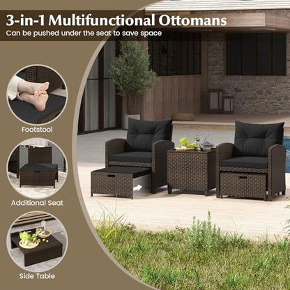 Tangkula 5 Pieces Patio Conversation Set, PE Wicker Rattan Outdoor Furniture Set with 2 Chairs, 2 Ottomans & Tempered Glass Coffee Table, Ideal for Poolside, Backyard, Lawn, Deck, Mix Brown & Black - color: Mix Brown & Black