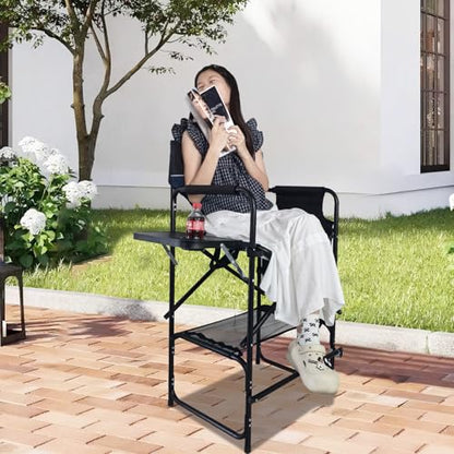 Tall Folding Director Chair 30.7" Seat Height Foldable Bar Stool for Makeup Artist Face Painting with Side Table Carry Bag and Cosmetic Bag Supports 350LBS - color: Navy-padded