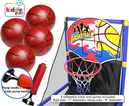 Kiddie Play Arcade Basketball Game Set for Kids 4 Balls and Hoop | Air Pump, Mesh Storage Basket, Indoor & Outdoors Sport Toys