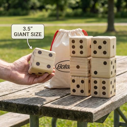 Bolaball 3.5" Giant Wooden Yard Dice Set – Durable Outdoor Fun Kit Includes 6 Large Dice with Sturdy Carry Bag for Parties, Beach, Lawn Games, and Easy Storage; Superior Crafted Hardwood Design