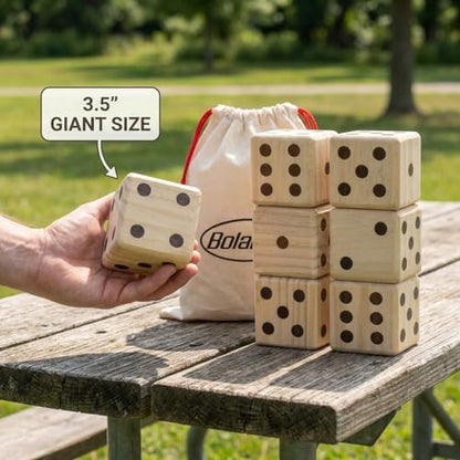 Bolaball 3.5" Giant Wooden Yard Dice Set – Durable Outdoor Fun Kit Includes 6 Large Dice with Sturdy Carry Bag for Parties, Beach, Lawn Games, and Easy Storage; Superior Crafted Hardwood Design