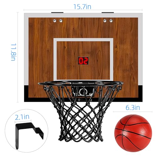 Indoor Mini Basketball Hoop Set – Over The Door with Wood Backboard & Iron Rim – Includes 2 Balls & Air Pump – Anti-Shock Padding – 16"x12"x3"