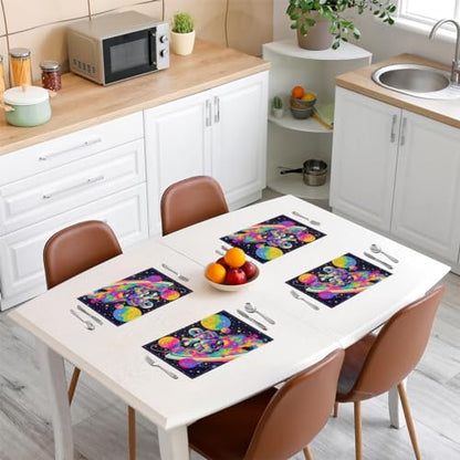 Colorful Astronaut Kids Placemats 12x18 Inch Set of 4 Rainbow Stripes Street Art Hippie Graffiti Table Mats for Boys Girls Teens Cartoon Stars Planets Kitchen Mats for Dining Table - color: Yellow Blue Pink Green