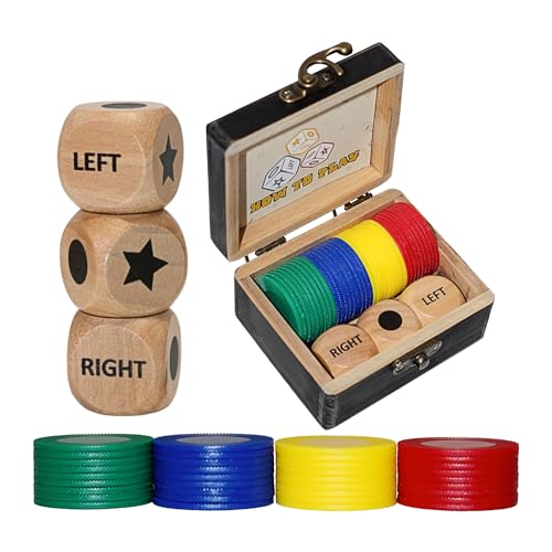 Left Right Roll Dice Game Set - 3 Wood Dice & 36 Plastic Chips in Wooden Box, Fun Family Party Dice Games for Adults, Teens & Friends, Black - color: Black