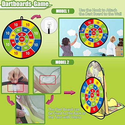 unanscre 3 in 1 Bean Bag Toss Game Toy Outdoor for Kids, Dinosaur Foldable Cornhole Board with Pop Up Basketball Game and Dartboard Set, Gift for Birthday/Xmas Party, Outside Toys for Toddlers Age 3+
