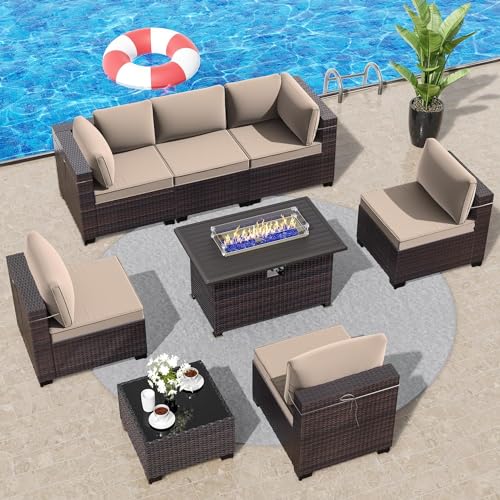 8 Pieces Outdoor Patio Furniture Set,Outdoor Sectional Furniture with 43" 55000 BTU Gas Propane Fire Pit Table,All Weather PE Rattan Wicker Patio Conversation Set,Sand - color: Sand, size: 8 Sofa Set w/Fire Pit