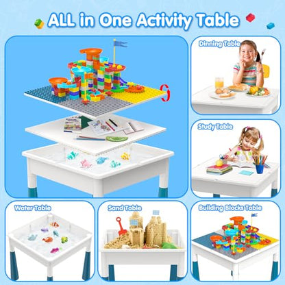 OCATO Toddlers Kids Table and 4 Chairs Set: Activity Table with 152Pcs Large Marble Run Building Blocks Storage All in One Play Sensory Water Tables Sand Tables for Boys Girls 3 4 5 6 Year Old - color: Dark Blue-with 4 Chairs