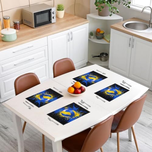 Volleyball Placemat Set of 4,Tie Dye Blue Yellow Outdoor Indoor Place Mats,Ball Games Sports Washable Durable Table Mats 12x18 Inch - color: Blue Yellow White