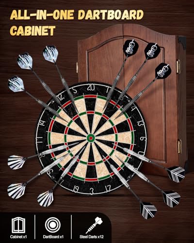 Sisal Dart Board Cabinet Sets, Decorative Dart Boards for Adults [6*Steel Darts] - Wooden Dartboard Cabinet with Integrated Scoreboard for Family Game Rooms - style: CHOCOLATE