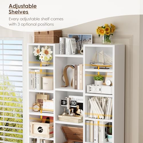 FOTOSOK 71'' White Bookshelf with 21 Cubes, 8 Tier Triple Wide Tall Bookshelf with 8 Adjustable Shelves, 35" Large Bookcase DVD/CD Media Tower Storage, Freestanding Display Shelf Cabinet, White - color: White