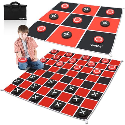 2-in-1 Giant Checkers Game & Tic Tac Toe Game Set, Outdoor Games with 4.6x4.6ft Machine-Washable Mat & 4 Ground Stakes - Perfect Backyard Games for Kids & Adults