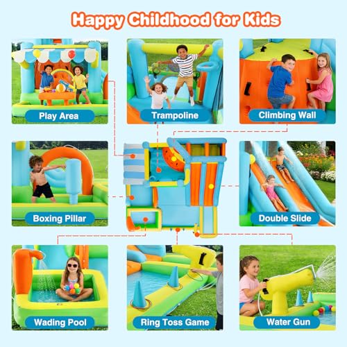 JOYLDIAS Inflatable Water Slide Bounce House for Kids, Luxury Heavy Duty Blow Up Water Park with Double Slides, Climbing Wall, Splash Pool and Sunshade Awning - Ideal Backyard Gift for Toddlers & Kids - color: 10 in 1