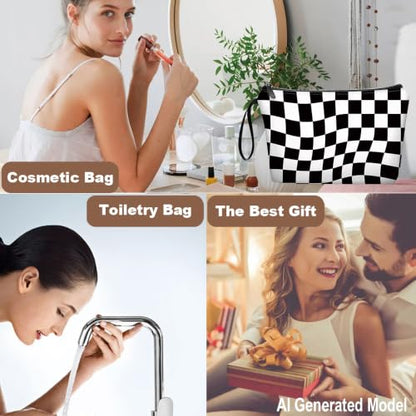 Black Checkered Gifts for Women – Unique Black Plaid Travel Makeup Bag Set with Mirror, Cosmetic Pouch Set for Checkered Lovers & Mom - color: Checkered Black-2S