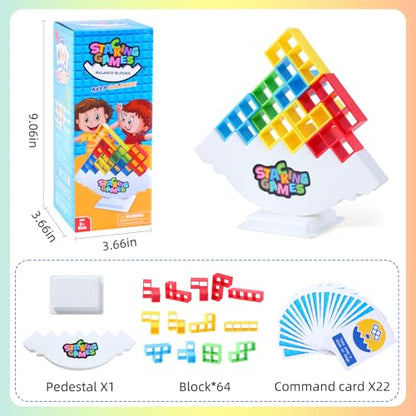 64 Pcs Stack Game for Adult & Kids, Balance Stacking Blocks Game for 2 Players+ Family Games, Parties, Travel, Kids & Adults Team Building Blocks Toy Gift for Kids or Friends